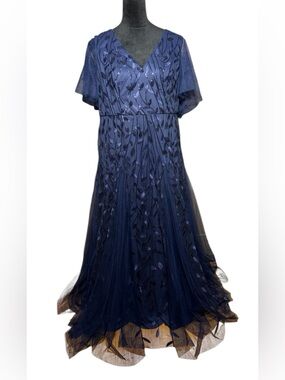 Ever Pretty Navy V-Neck Evening Gown with Leaf Embroidery